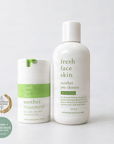 Two white skincare bottles from Fresh Face Skin on a light gray background: a smaller Soother Treatment jar with a green lid and a larger Soother Pre Cleanse bottle. A gold and green Clean + Conscious Awards badge is visible on the left.