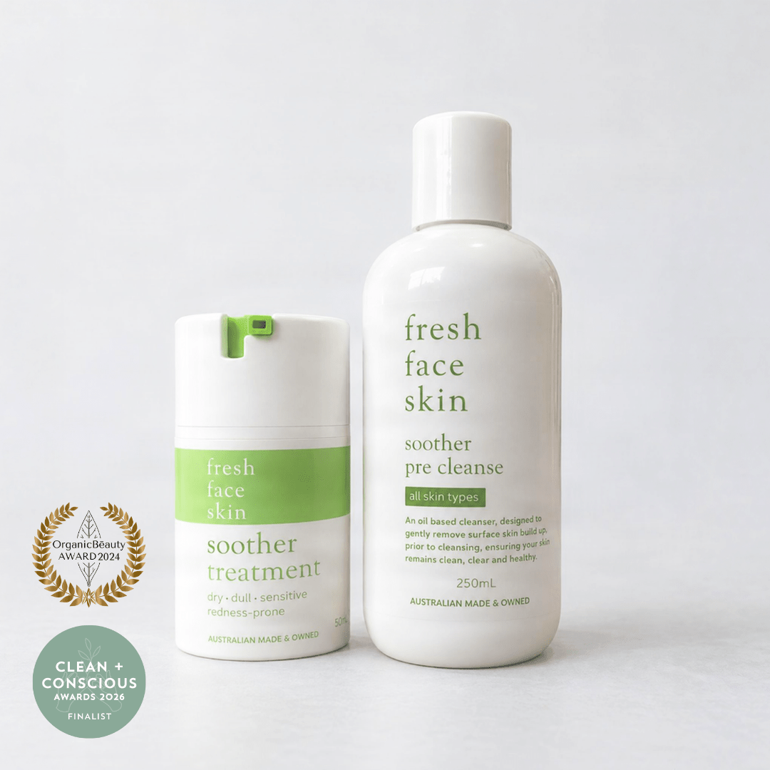 Two white skincare bottles from Fresh Face Skin on a light gray background: a smaller Soother Treatment jar with a green lid and a larger Soother Pre Cleanse bottle. A gold and green Clean + Conscious Awards badge is visible on the left.