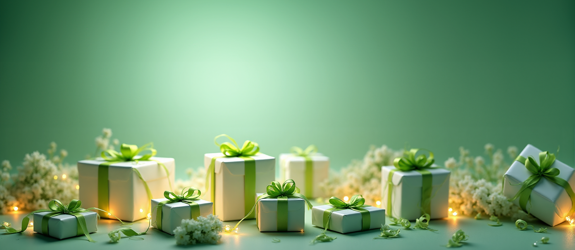 Decorative gift boxes with green ribbons on a green background